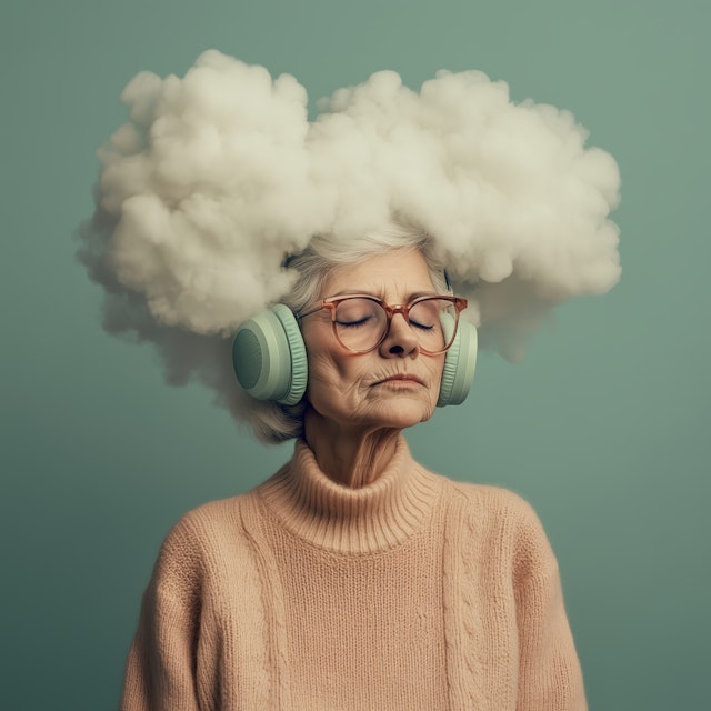 Elderly Woman with Headphones and Imaginative Cloud