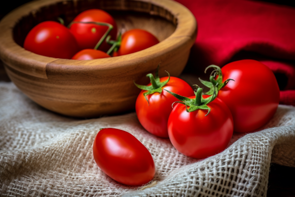 Fresh Harvest Tomatoes in Wooden Bowl