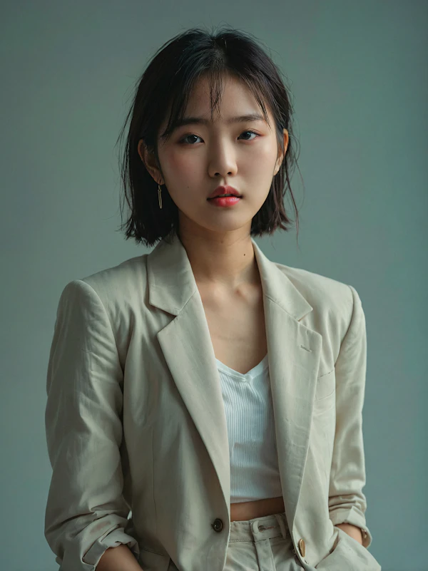 Portrait of a Young Woman in Beige Suit