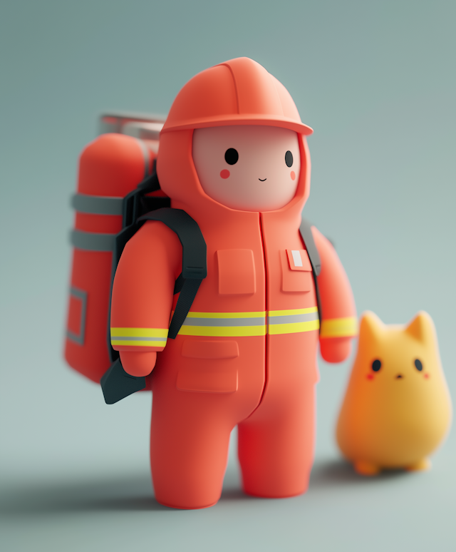 Whimsical Firefighter and Cat Creature Illustration