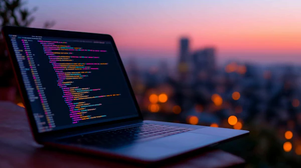 Laptop with Code and Cityscape Sunset