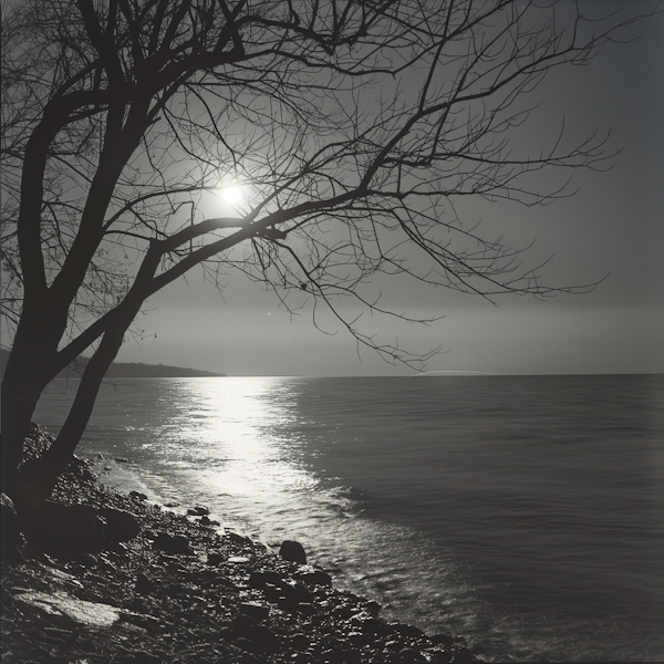 Tranquil Shoreline in Moonlight