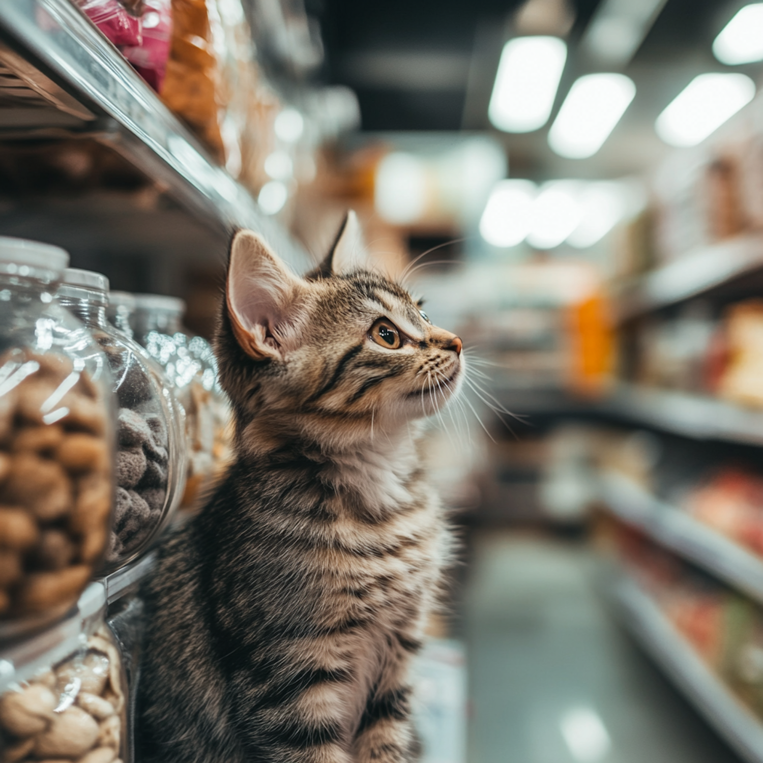 Inquisitive Tabby Cat in Store Aisle