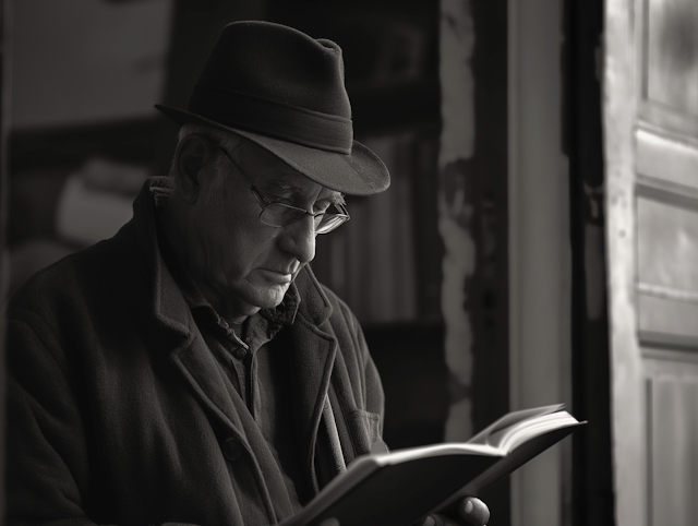 Elderly Man Reading a Book in Black and White