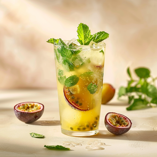 Refreshing Passion Fruit Beverage with Mint Garnish