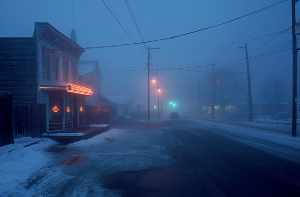 Twilight Street Scene with Neon Signs