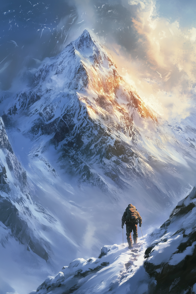 Solitary Climber on Snow-Covered Mountain