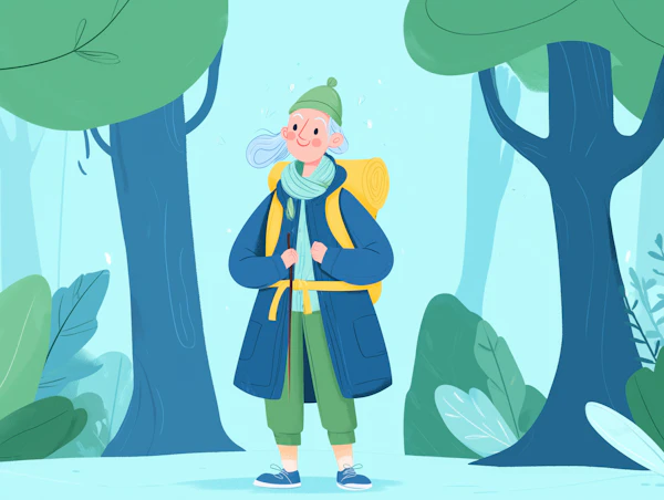 Elderly Hiking in Cartoon