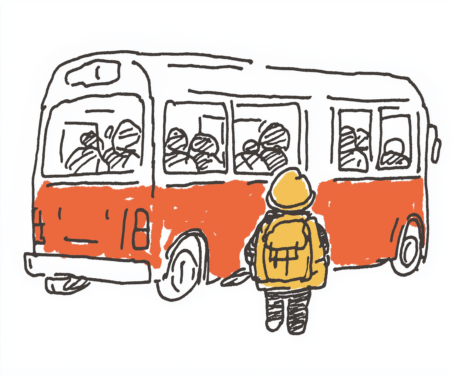 Cartoonish Scene with Red Bus and Small Figure