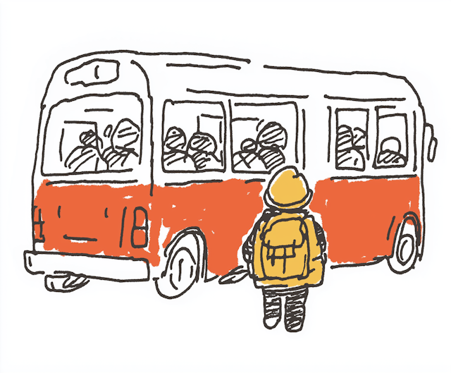 Cartoonish Scene with Red Bus and Small Figure