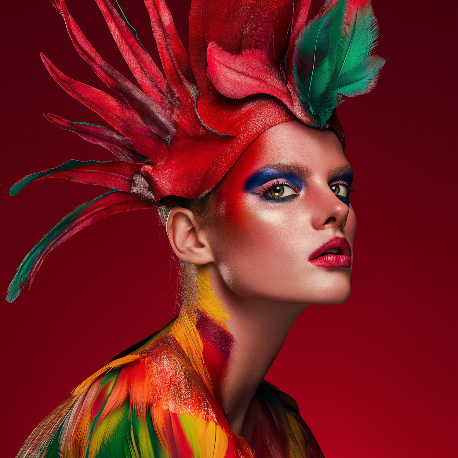 Vibrant Portrait with Colorful Makeup and Headpiece