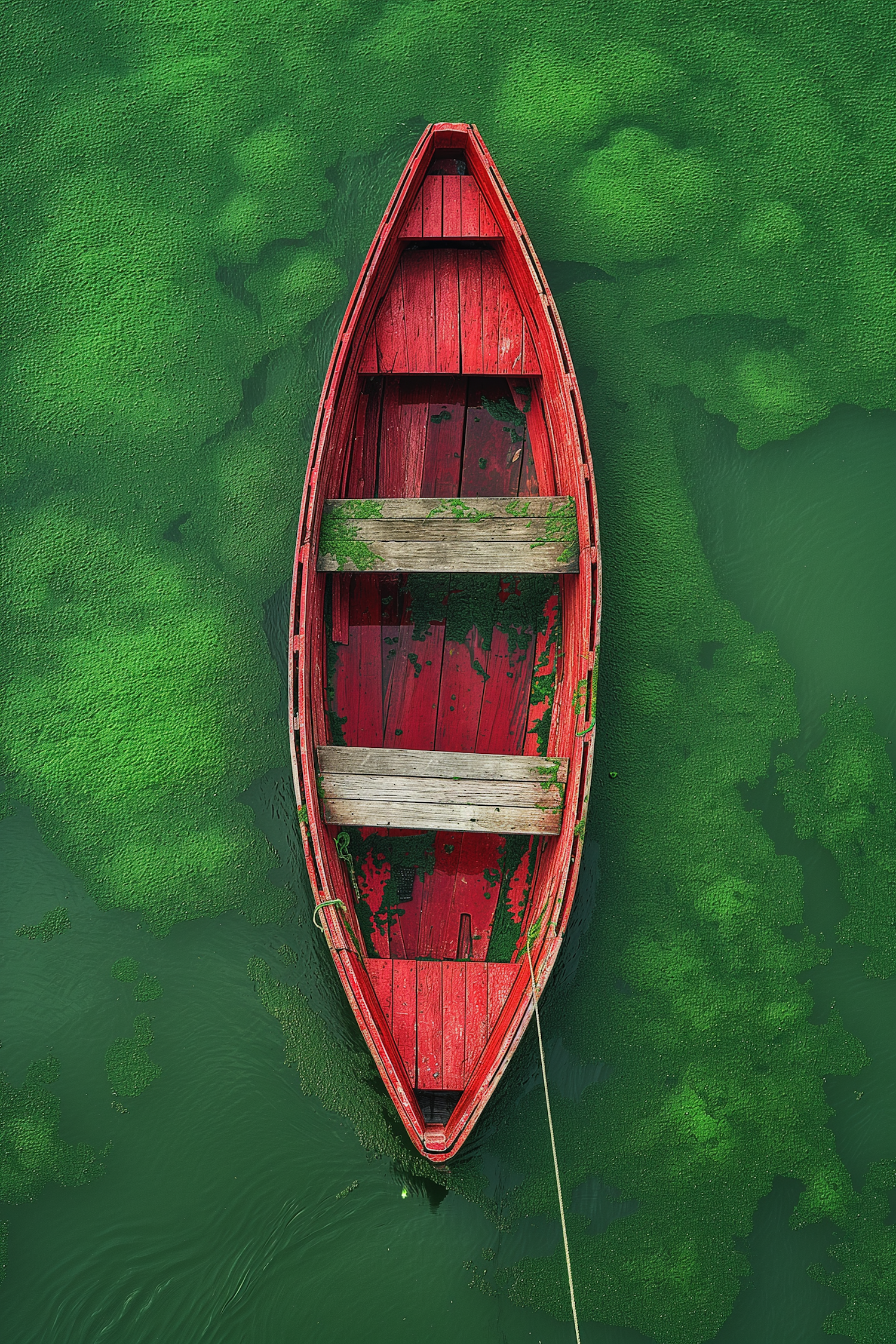 Aged Red Boat on Green Waters