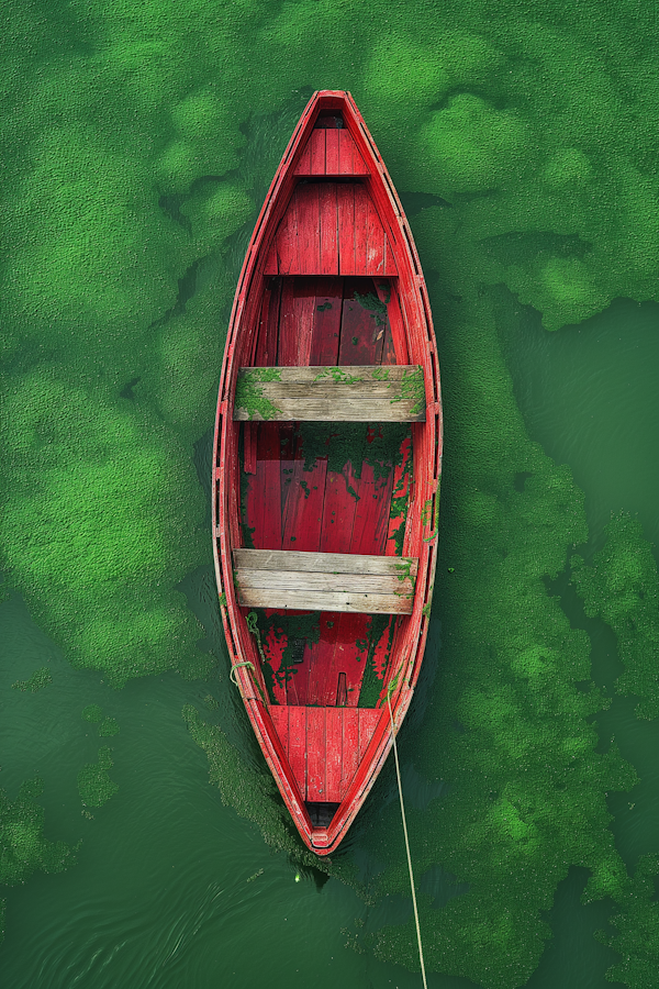 Aged Red Boat on Green Waters