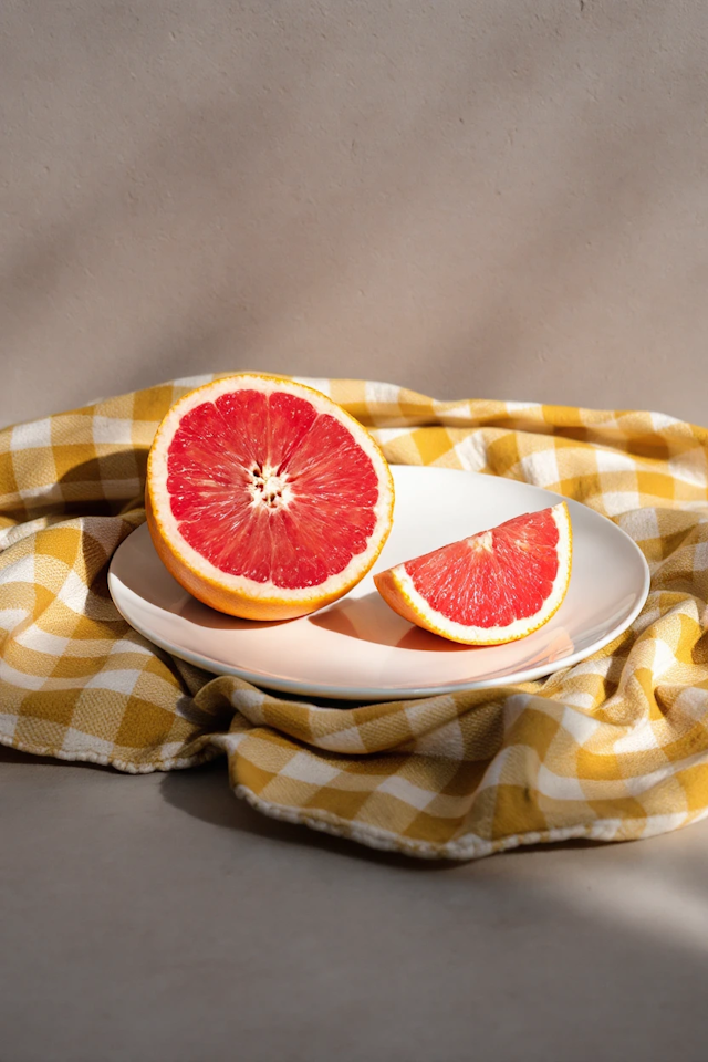 Grapefruit on Checkered Cloth