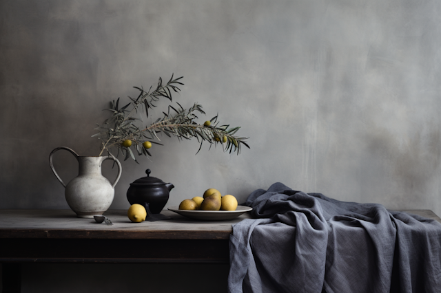 Timeless Tranquility: Rustic Still-Life with Pitcher and Pears