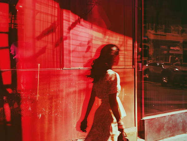 Woman Walking Past Red Wall