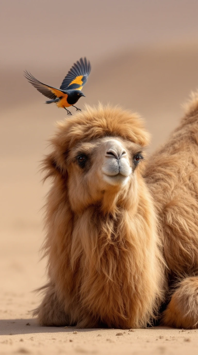 Camel and Bird in Desert Harmony