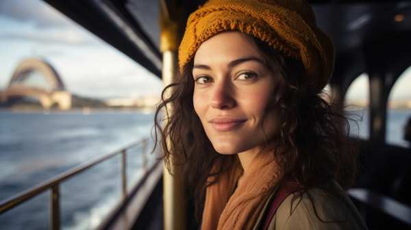 Young Woman on Ferry with Scenic Bridge Background