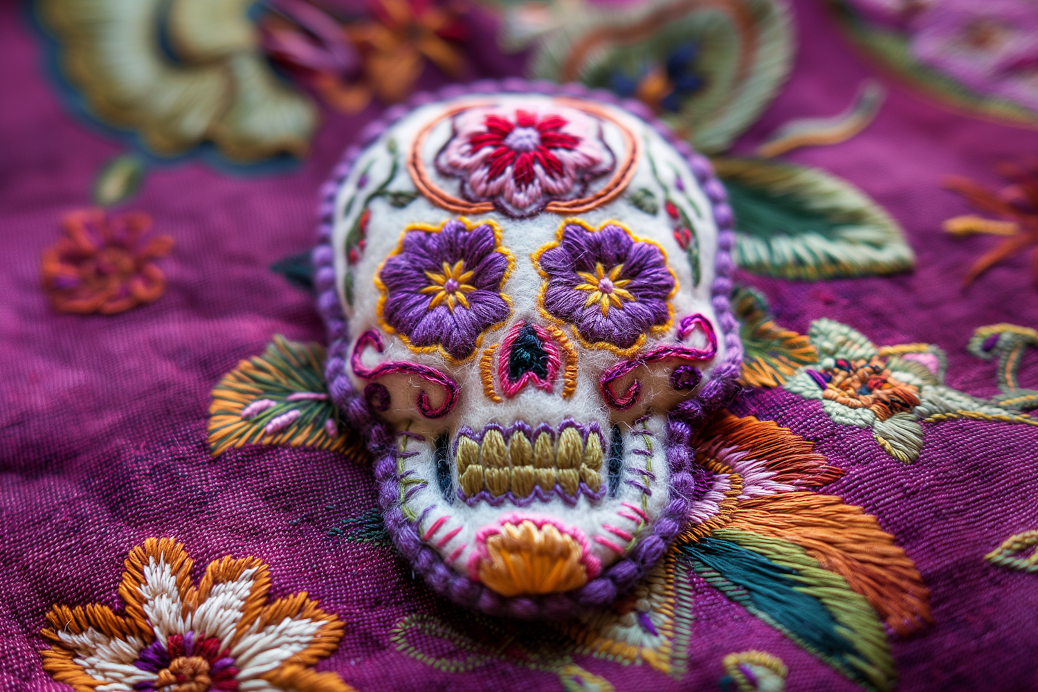 Embroidered Sugar Skull on Fabric