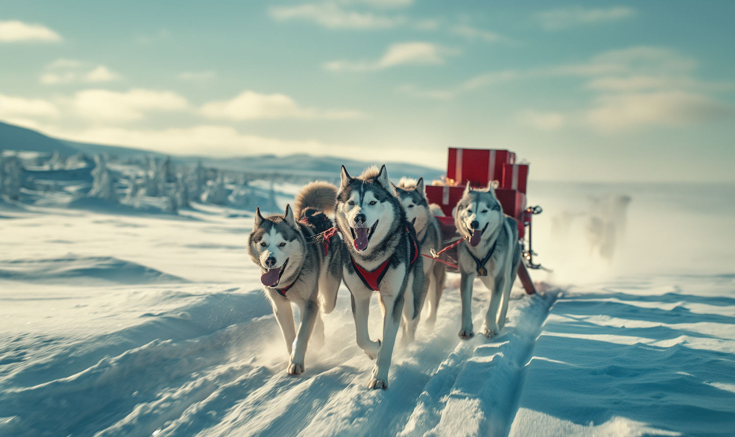 Husky Sled Team in Snowy Landscape