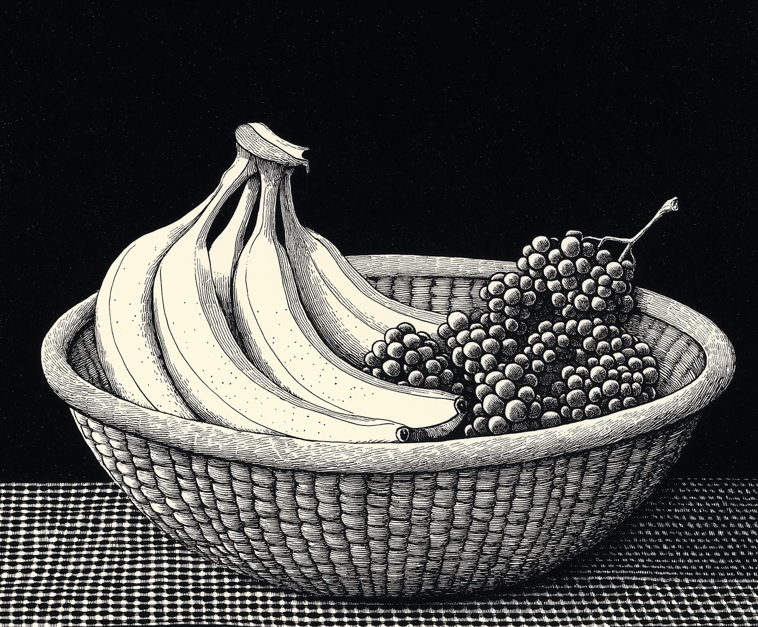 Black and White Stipple Illustration of Fruit Basket