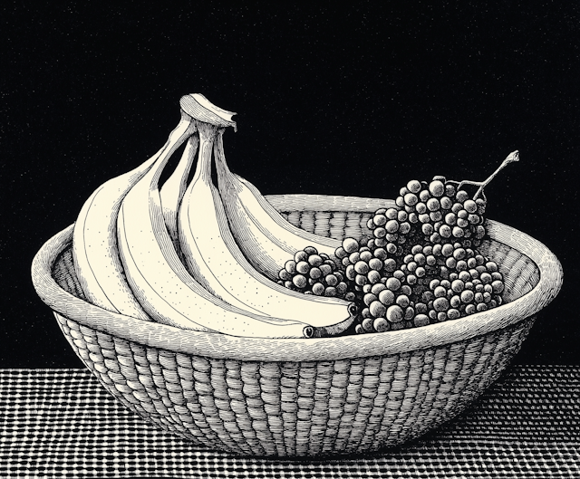 Black and White Stipple Illustration of Fruit Basket