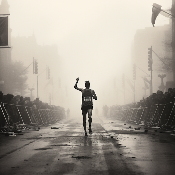 Triumphant Runner in Monochrome Mist