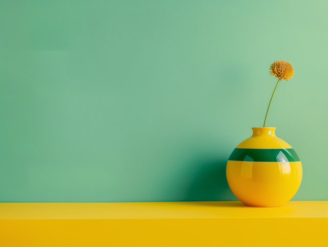 Vibrant Yellow Vase with Green Stripe and Single Flower