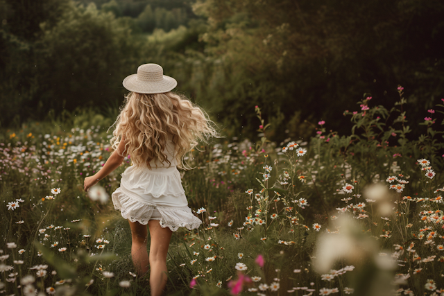 Woman Walking in Wildflower Meadow