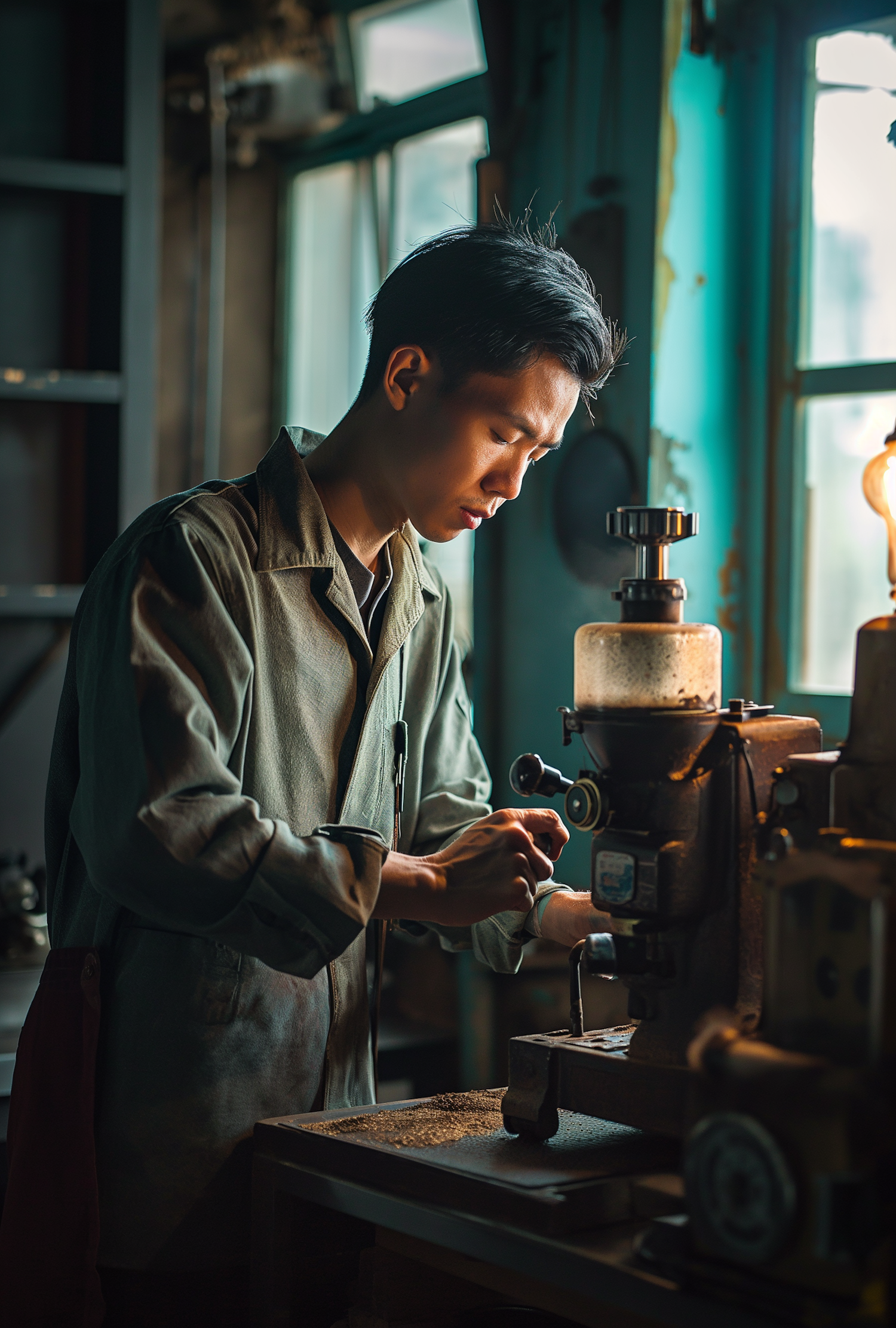 Concentrated Craftsman in Workshop