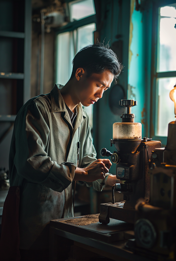 Concentrated Craftsman in Workshop