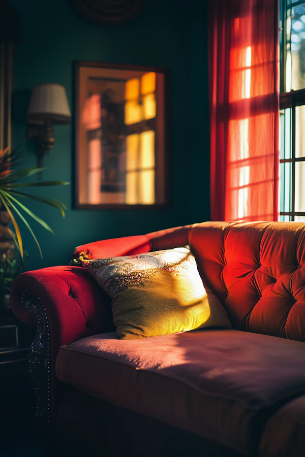 Cozy Interior with Red Velvet Sofa