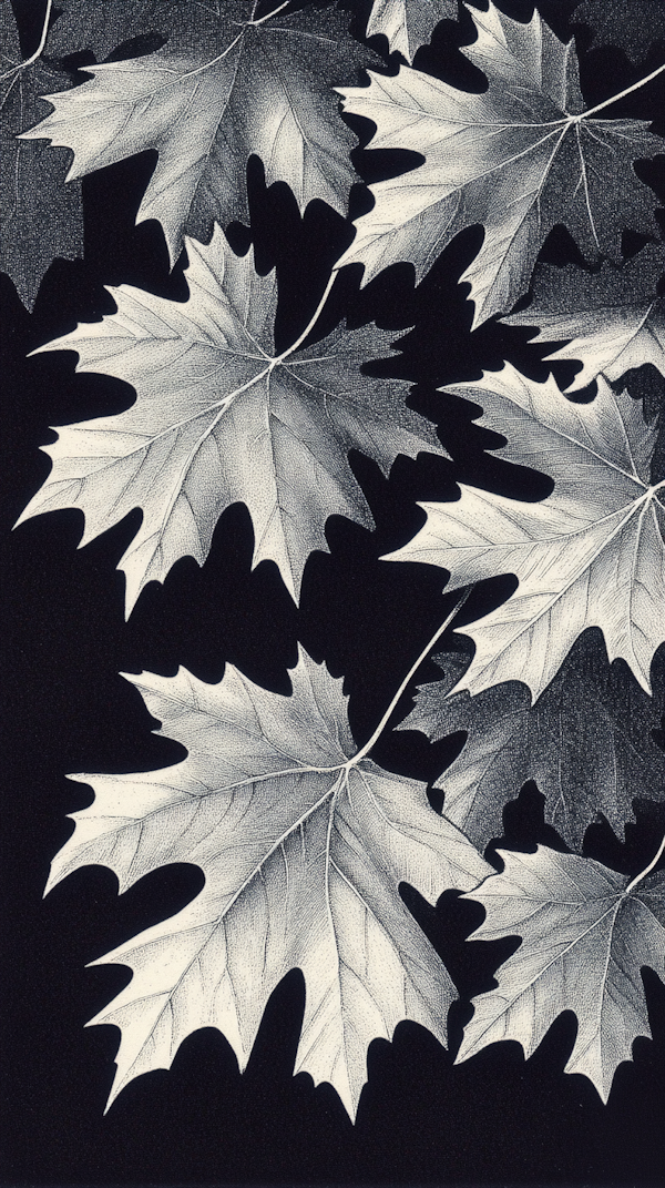 Intricate Black and White Maple Leaves Illustration