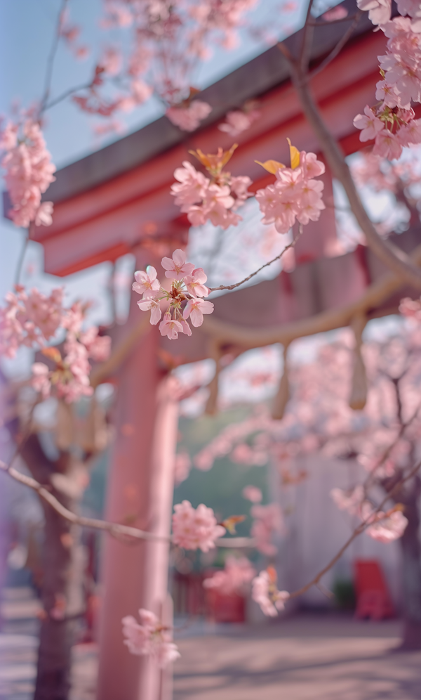 Serene Cherry Blossoms at Shinto Shrine
