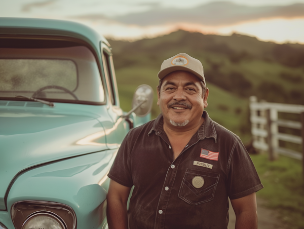 Man with Vintage Truck at Sunset