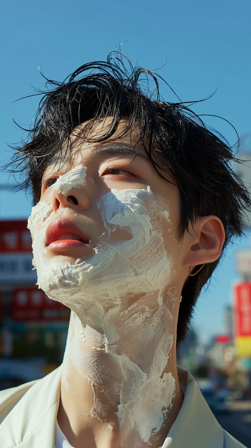 Young man with thick shaving lather across his face and neck, ready for a straight razor shave