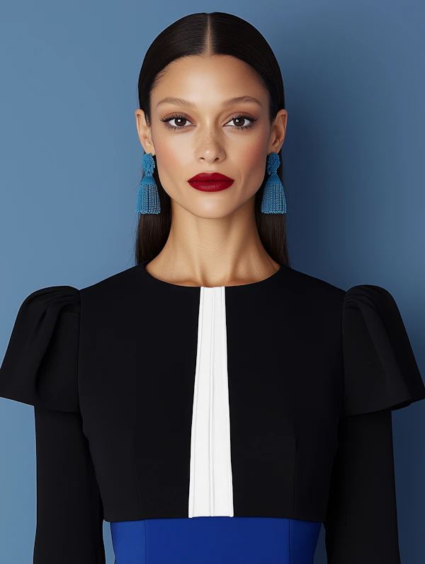 Elegant Woman with Blue Tassel Earrings