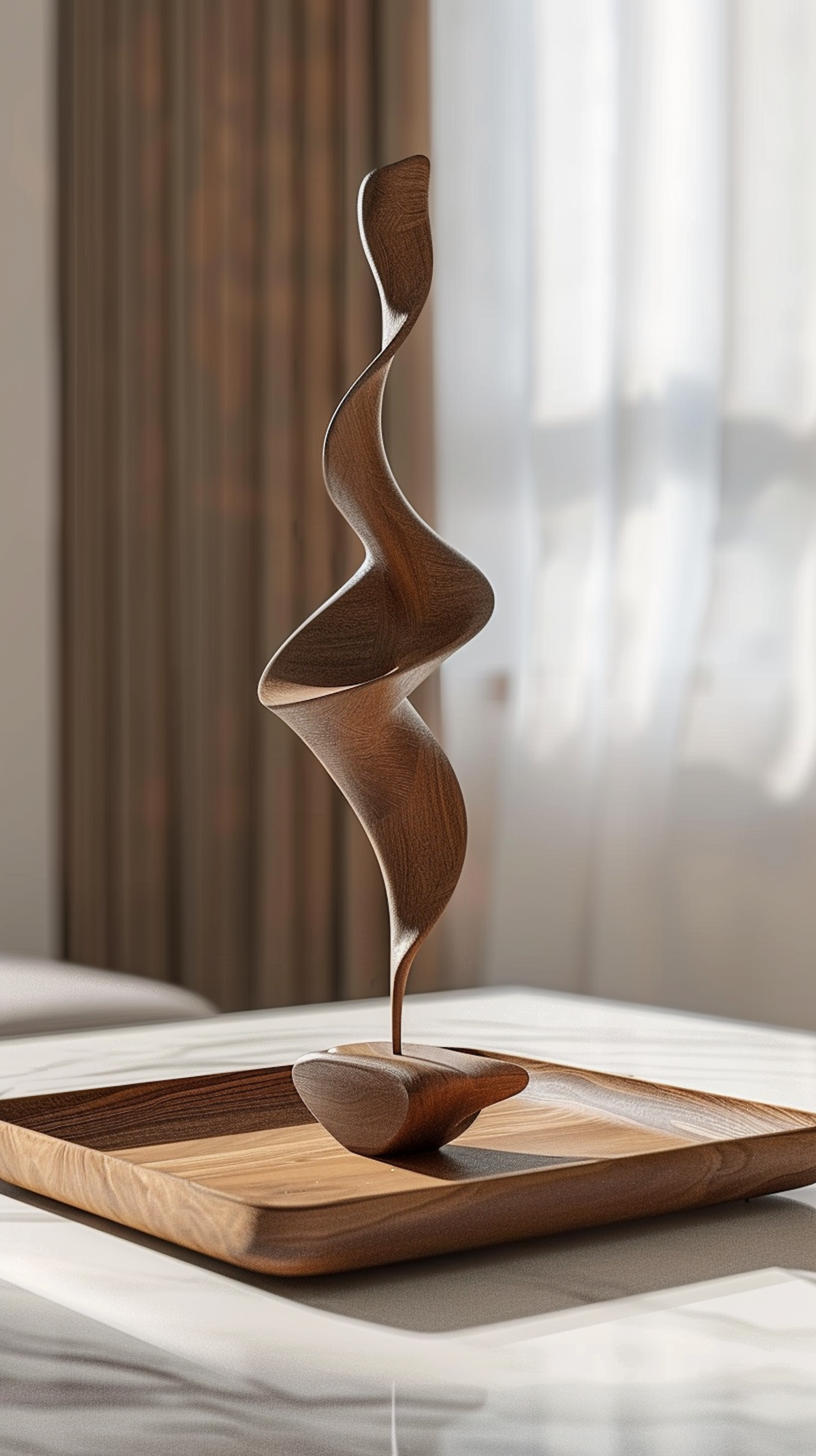 Wooden Spiral Sculpture in Serene Interior