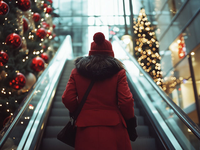 Person in Red Coat on Escalator with Christmas Tree