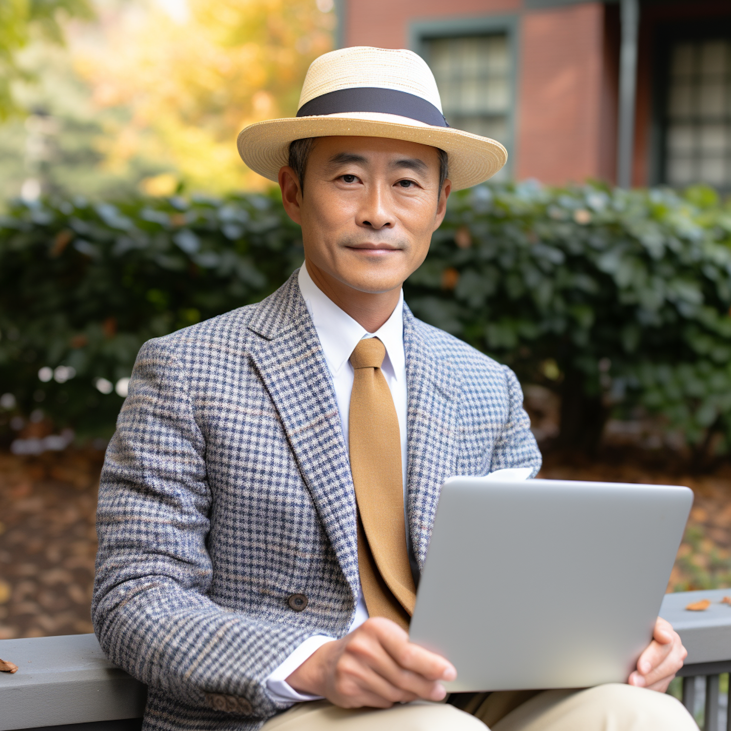 Stylish Professional with Laptop Outdoors in Autumn