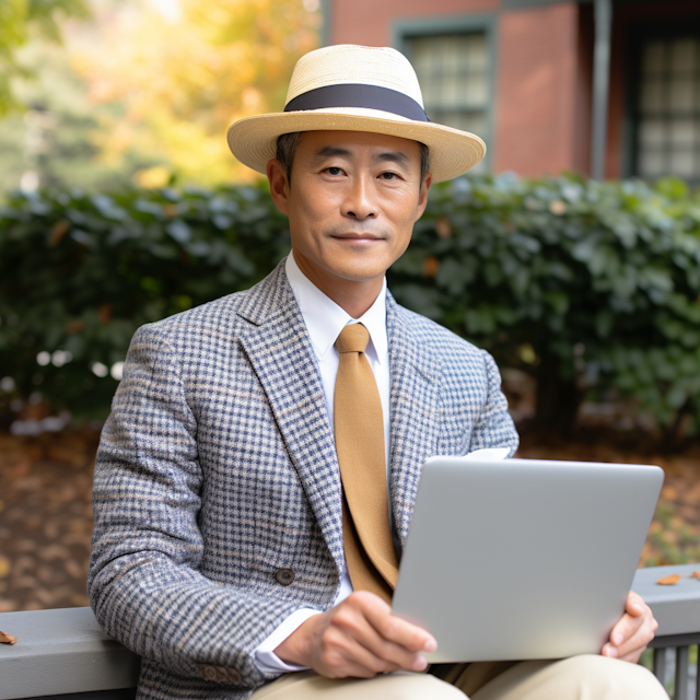 Stylish Professional with Laptop Outdoors in Autumn