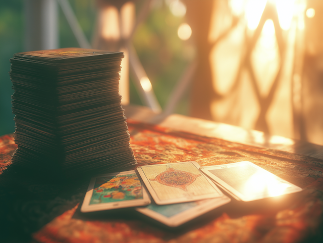 Stack of Tarot Cards in Warm Sunlight