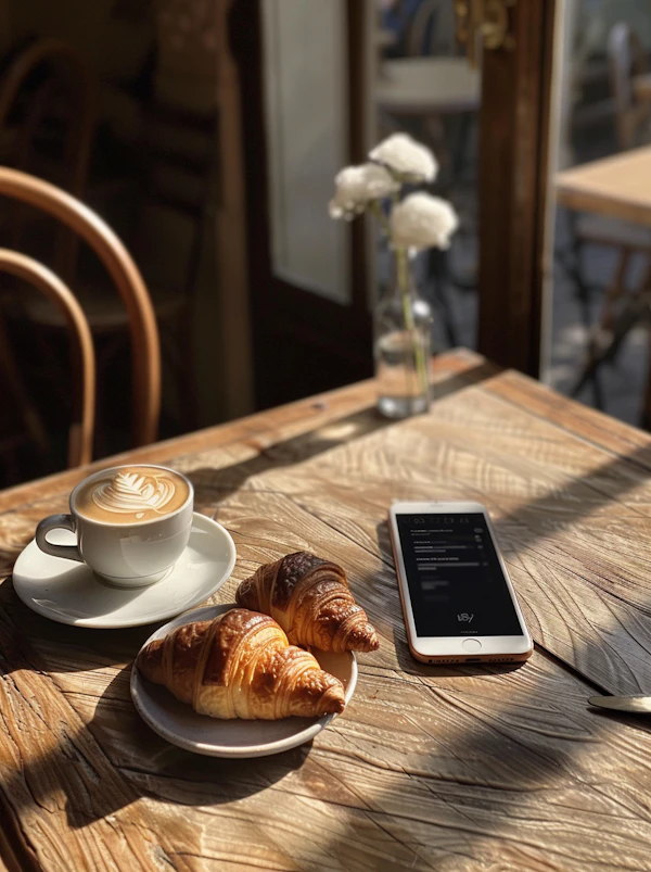 Cozy Breakfast Table with Latte and Smartphone