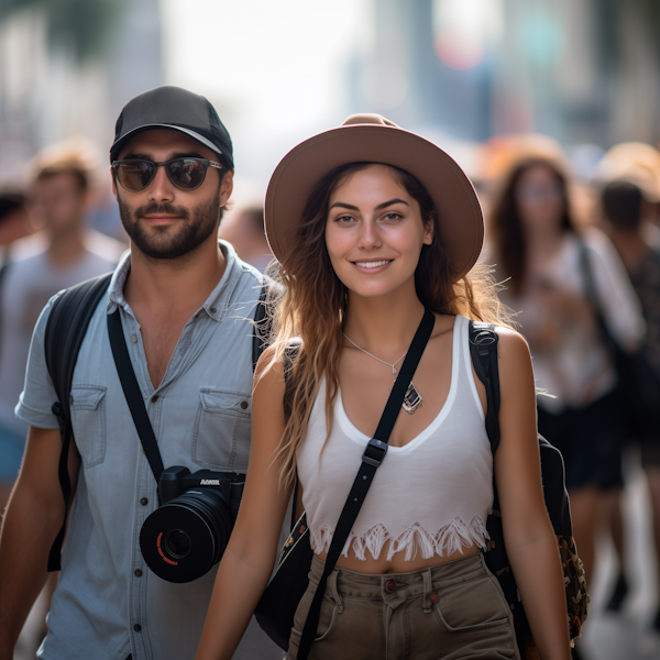 Strolling Urban Tourists in Sunlit Bliss