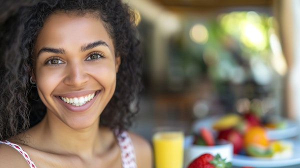 Joyful Young Woman with Fruit Plate