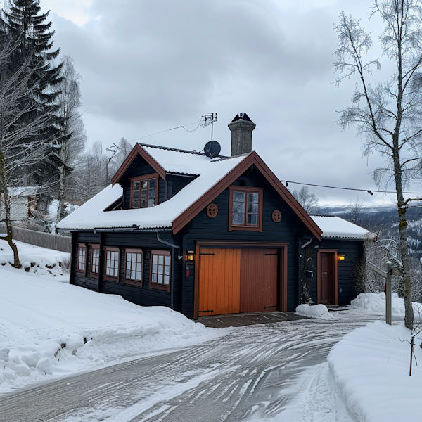 Traditional Wooden House in Winter Landscape