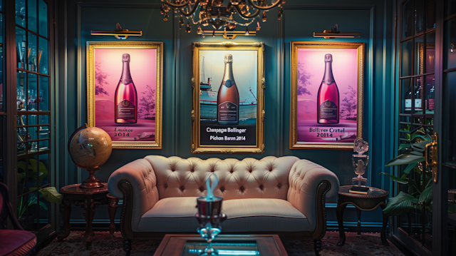 Elegant Lounge Interior with Chesterfield Sofa and Champagne Advertisements