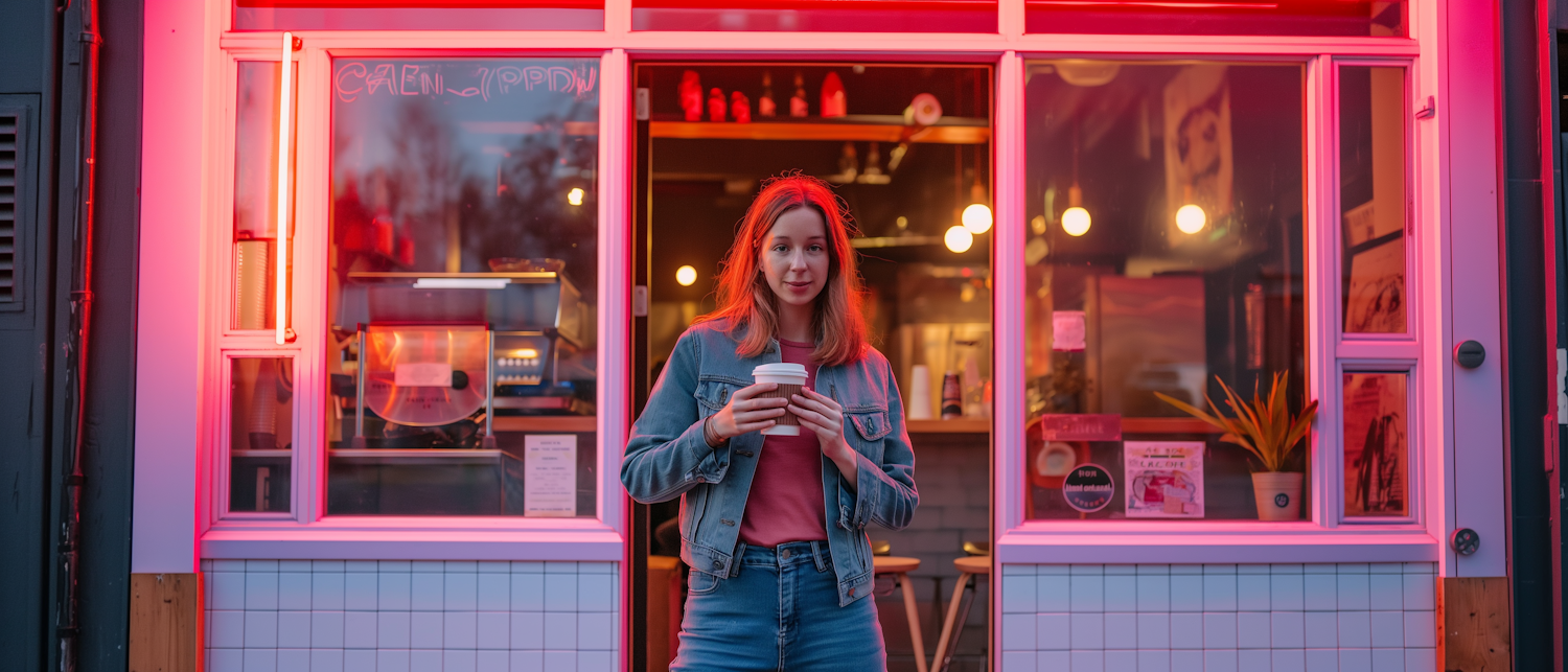 Woman with Coffee in Neon-lit Cafe Doorway