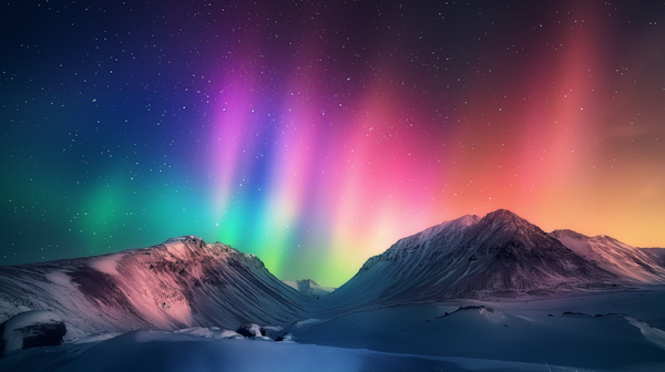 Aurora Borealis Over Snowy Mountains