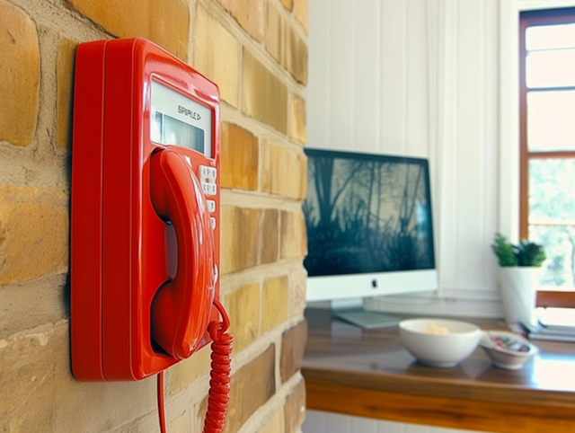 Retro-Modern Workspace with Red Telephone